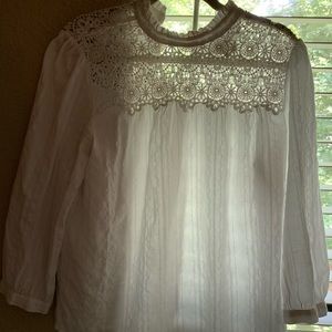 White Lacey cotton half mock neck shirt